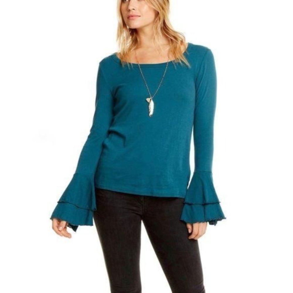 CHASER Baby Rib Double Ruffle Peplum Sleeve Top